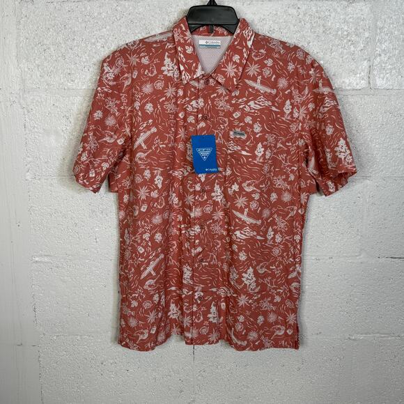 Columbia Mens Trollers Tropical Print Short Sleeve Shirt  coral, Small - Picture 1 of 8